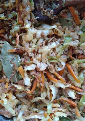 A picture of Sautéed cabbage and carrot with tuna.