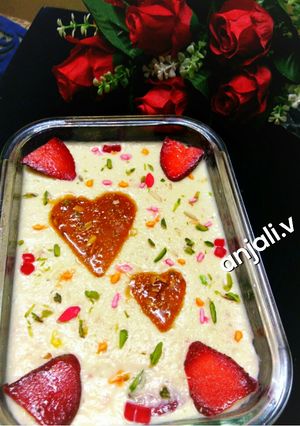 A picture of Strawberry Firni pudding With Nutty Caramelised Heart.