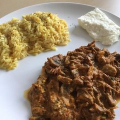 A picture of Pork with mushrooms and cinnamon & rissini + greek feta.
