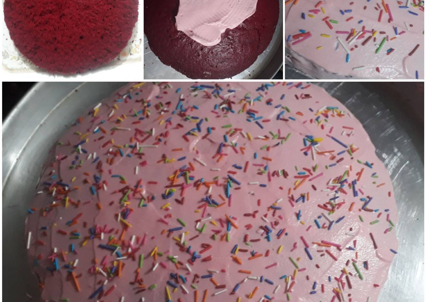 Red velvet cake with pink icing..