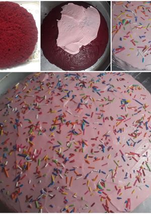 A picture of Red velvet cake with pink icing...
