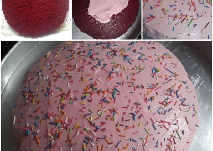 Red velvet cake with pink icing..