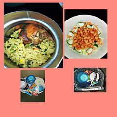 A picture of Fried rice and chicken with coleslaw.