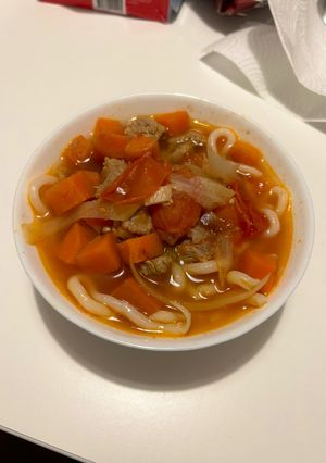 A picture of Taiwanese Beef Noodle Soup with Tomato.