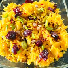 A picture of Vasant Panchami Kesar Chawal (Yellow Sweet Rice).