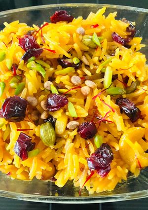 A picture of Vasant Panchami Kesar Chawal (Yellow Sweet Rice).