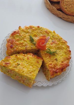 A picture of Crustless Smoked Trout and Leek Quiche.
