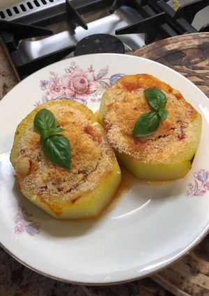 A picture of Vegetarian stuffed marrow.