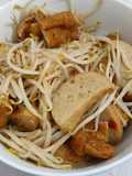 Sambal bean sprouts with fish cake and fried tofu puff