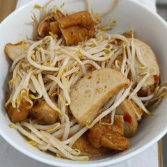 Sambal bean sprouts with fish cake and fried tofu puff A picture of Sambal bean sprouts with fish cake and fried tofu puff.