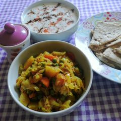 Cabbage dry curry and raita A picture of Cabbage dry curry and raita.