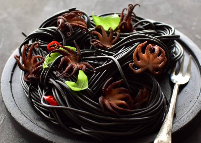 Marinated Baby Octopus and Squid Ink Pasta