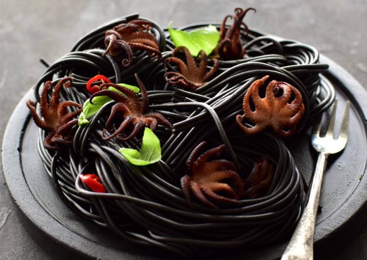 Easiest Way to Prepare Favorite Marinated Baby Octopus and Squid Ink Pasta