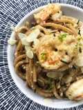 Square Spaghetti with Almond Pesto, Lime, and Shrimp Bisque