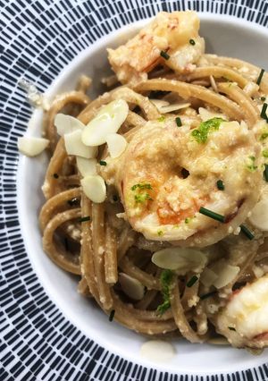 A picture of Square Spaghetti with Almond Pesto, Lime, and Shrimp Bisque.