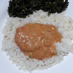 A picture of Groundnut Stew served with Rice and Spinach #authormarathon#.