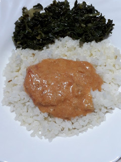 A picture of Groundnut Stew served with Rice and Spinach #authormarathon#.