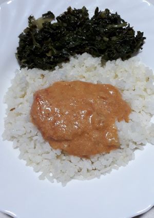 A picture of Groundnut Stew served with Rice and Spinach #authormarathon#.
