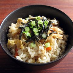 A picture of Yuba (Tofu Skin) & Carrot Takikomigohan.