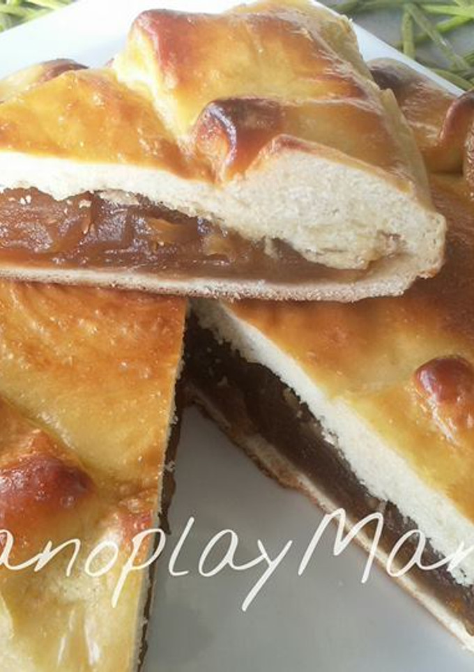 Una foto de Empanada dulce sin lactosa de manzana caramelizada en GME, f y g y tradicional
