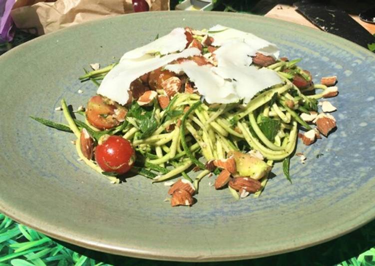 Simple Way to Prepare Award-winning Pesto courgetti salad with feta and almonds
