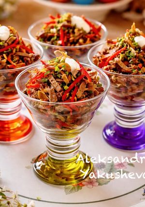 A picture of Salad with Boiled Beef and Pickled Honey Mushrooms.