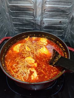 A picture of Sundubu Jjigae (순두부찌개) Korean tofu stew.