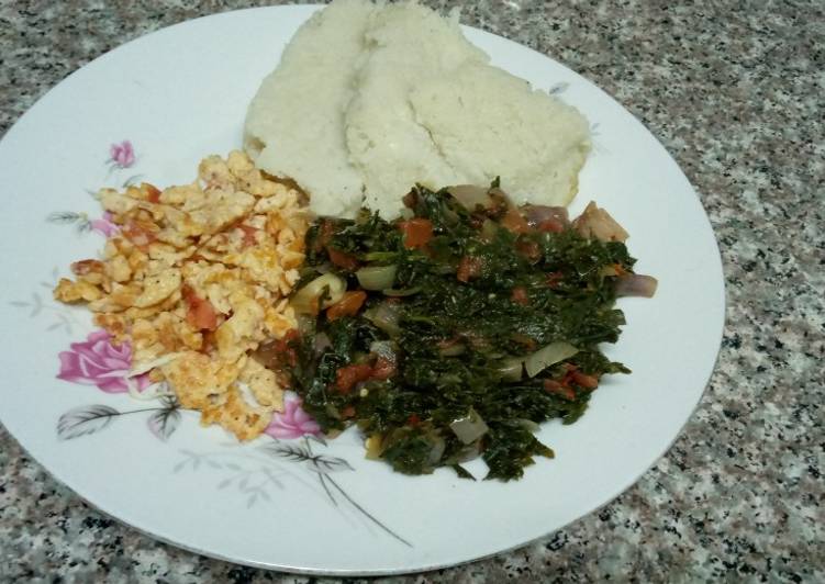 Ugali, scrambled eggs &amp; greens