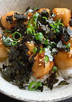 A picture of Fish Balls Rice Bowl with Garlic Butter & Soy Sauce.
