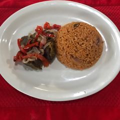A picture of Jellof rice and pepper beef.