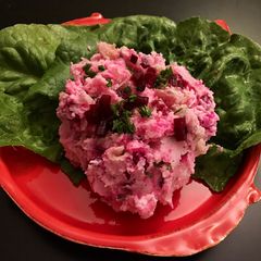 A picture of Pink Japanese potato salad.