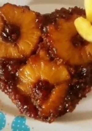 A picture of Upside down caramalized pineapple cake(Eggless/without Oven).