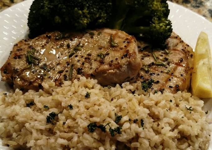 Grilled Center-cut Pork Chops with Steamed Broccoli and Rice