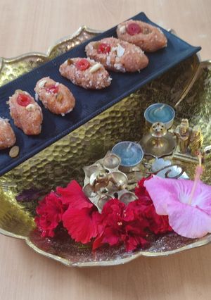A picture of #RSC#gulabhi syrup coconut Koya balls#.
