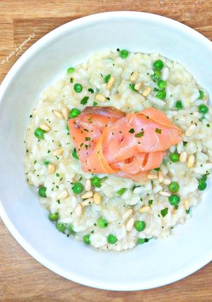 Une photo de Risotto petits pois saumon