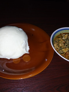 A picture of Pounded yam with egusi soup.