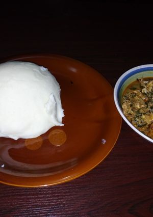 A picture of Pounded yam with egusi soup.