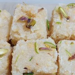 A picture of Dry Coconut and Mava Barfi Recipe.