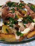 Papas cerveceras con crema de panceta