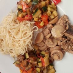 Chicken with mushroom, Spaghetti and Ratatouille A picture of Chicken with mushroom, Spaghetti and Ratatouille.