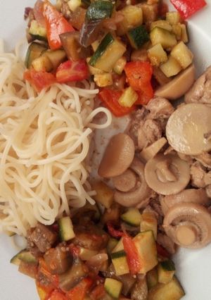 A picture of Chicken with mushroom, Spaghetti and Ratatouille.