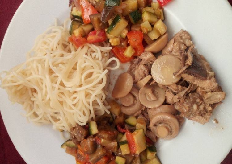 Chicken with mushroom, Spaghetti and Ratatouille