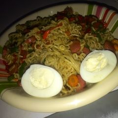 A picture of Veggie sausage mix noodles.