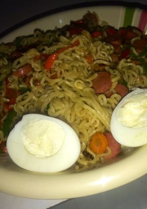 A picture of Veggie sausage mix noodles.