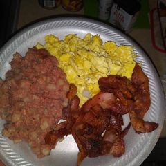 A picture of Christmas Brunch Eggs,Bacon,Corned Beef Hash.