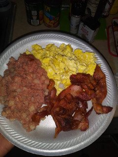 A picture of Christmas Brunch Eggs,Bacon,Corned Beef Hash.