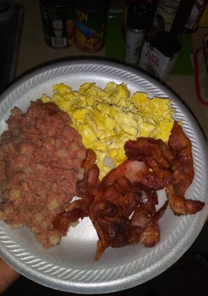 A picture of Christmas Brunch Eggs,Bacon,Corned Beef Hash.