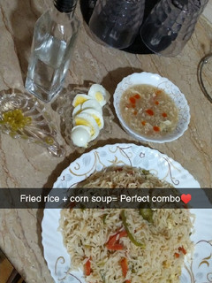 A picture of Winter special fried rice + corn soup combo.
