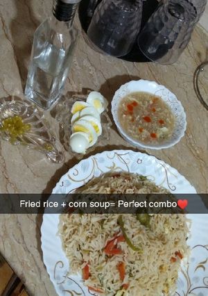 A picture of Winter special fried rice + corn soup combo.