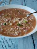 Minestra di riso con finocchi, pancetta e brodo di carne